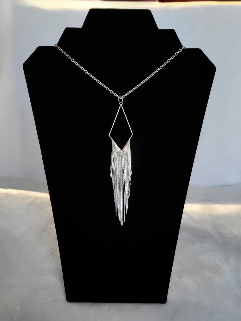 ​Silver Tone Geometric Diamond Fringe Statement Necklace